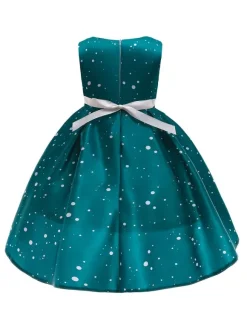 Party Dress For Christmas Green Polyester Fiber Floral Print Christmas Holidays Costumes Dress
