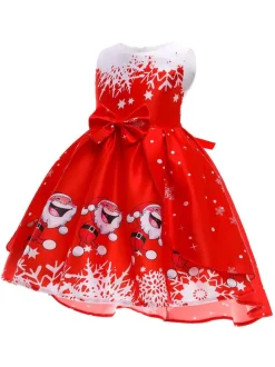 Party Dress For Christmas Green Polyester Fiber Floral Print Christmas Holidays Costumes Dress