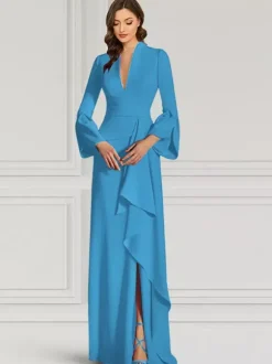 Party Dress For Mother Of The Bride V-Neck Long Sleeves Mermaid Ruffles Floor-Length Guest Dresses For Wedding