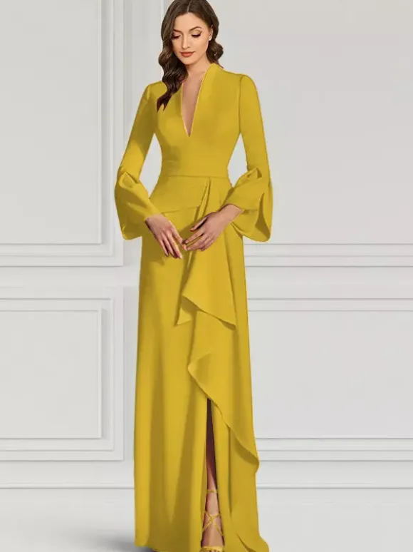 Party Dress For Mother Of The Bride V-Neck Long Sleeves Mermaid Ruffles Floor-Length Guest Dresses For Wedding