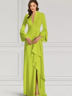Party Dress For Mother Of The Bride V-Neck Long Sleeves Mermaid Ruffles Floor-Length Guest Dresses For Wedding