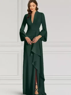 Party Dress For Mother Of The Bride V-Neck Long Sleeves Mermaid Ruffles Floor-Length Guest Dresses For Wedding