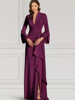 Party Dress For Mother Of The Bride V-Neck Long Sleeves Mermaid Ruffles Floor-Length Guest Dresses For Wedding