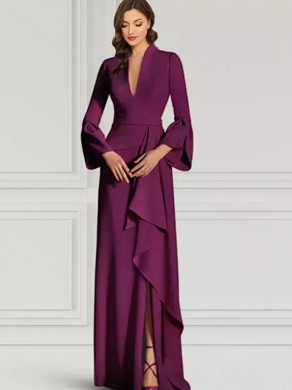 Party Dress For Mother Of The Bride V-Neck Long Sleeves Mermaid Ruffles Floor-Length Guest Dresses For Wedding