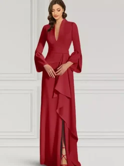 Party Dress For Mother Of The Bride V-Neck Long Sleeves Mermaid Ruffles Floor-Length Guest Dresses For Wedding