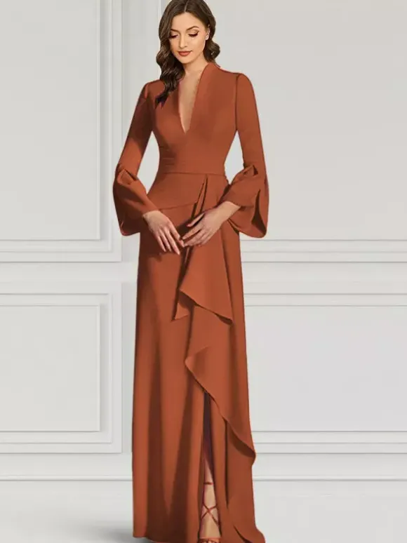Party Dress For Mother Of The Bride V-Neck Long Sleeves Mermaid Ruffles Floor-Length Guest Dresses For Wedding