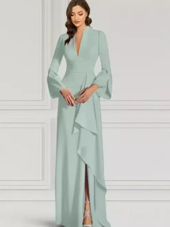 Party Dress For Mother Of The Bride V-Neck Long Sleeves Mermaid Ruffles Floor-Length Guest Dresses For Wedding