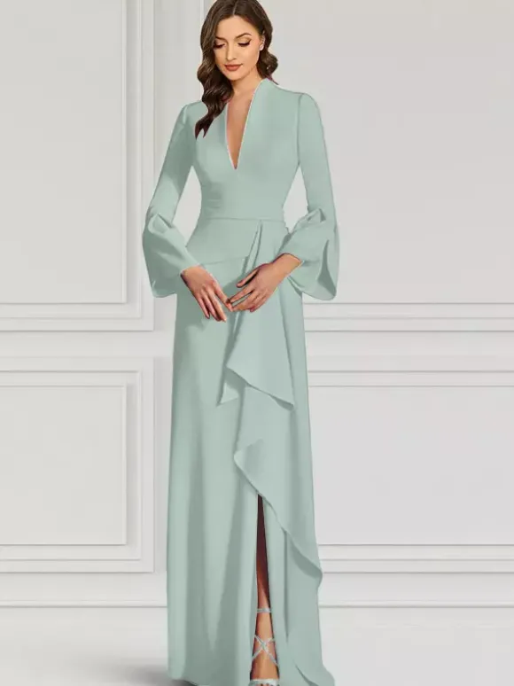 Party Dress For Mother Of The Bride V-Neck Long Sleeves Mermaid Ruffles Floor-Length Guest Dresses For Wedding