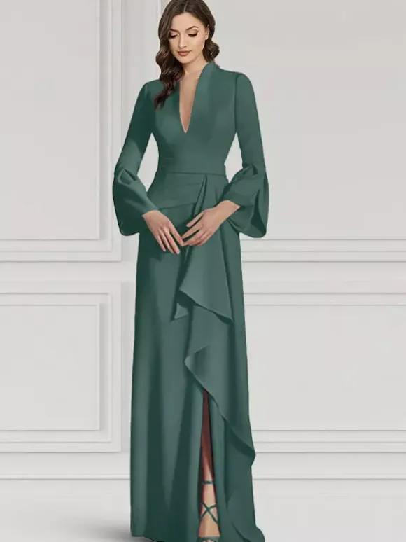 Party Dress For Mother Of The Bride V-Neck Long Sleeves Mermaid Ruffles Floor-Length Guest Dresses For Wedding