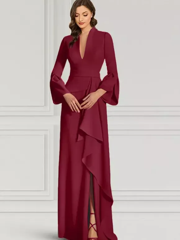 Party Dress For Mother Of The Bride V-Neck Long Sleeves Mermaid Ruffles Floor-Length Guest Dresses For Wedding