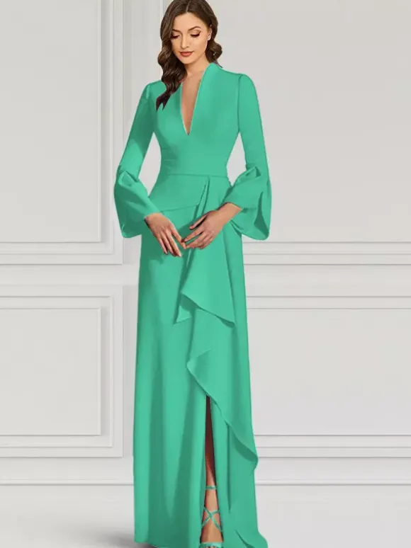 Party Dress For Mother Of The Bride V-Neck Long Sleeves Mermaid Ruffles Floor-Length Guest Dresses For Wedding