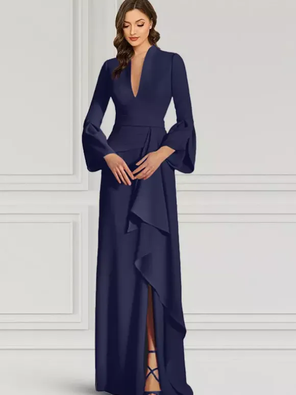 Party Dress For Mother Of The Bride V-Neck Long Sleeves Mermaid Ruffles Floor-Length Guest Dresses For Wedding