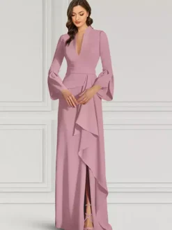 Party Dress For Mother Of The Bride V-Neck Long Sleeves Mermaid Ruffles Floor-Length Guest Dresses For Wedding