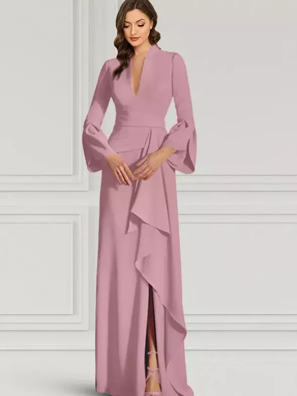 Party Dress For Mother Of The Bride V-Neck Long Sleeves Mermaid Ruffles Floor-Length Guest Dresses For Wedding