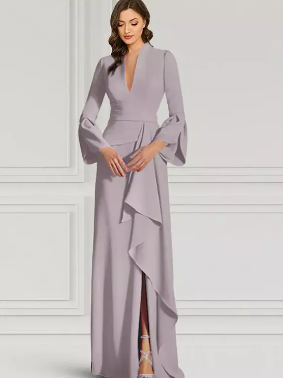 Party Dress For Mother Of The Bride V-Neck Long Sleeves Mermaid Ruffles Floor-Length Guest Dresses For Wedding