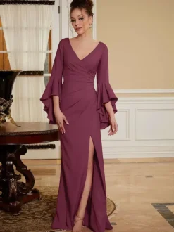 Party Dress For Mother Of The Bride V-Neck Bell Sleeves Split Front Floor-Length A-Line Wedding Guest Dresses