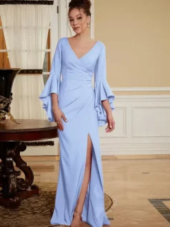 Party Dress For Mother Of The Bride V-Neck Bell Sleeves Split Front Floor-Length A-Line Wedding Guest Dresses