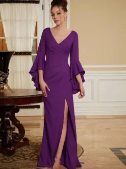 Party Dress For Mother Of The Bride V-Neck Bell Sleeves Split Front Floor-Length A-Line Wedding Guest Dresses