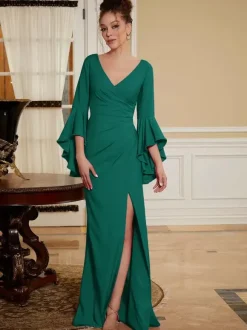 Party Dress For Mother Of The Bride V-Neck Bell Sleeves Split Front Floor-Length A-Line Wedding Guest Dresses