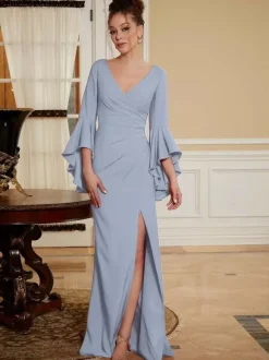 Party Dress For Mother Of The Bride V-Neck Bell Sleeves Split Front Floor-Length A-Line Wedding Guest Dresses
