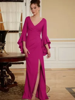 Party Dress For Mother Of The Bride V-Neck Bell Sleeves Split Front Floor-Length A-Line Wedding Guest Dresses