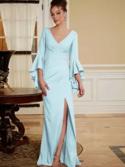Party Dress For Mother Of The Bride V-Neck Bell Sleeves Split Front Floor-Length A-Line Wedding Guest Dresses