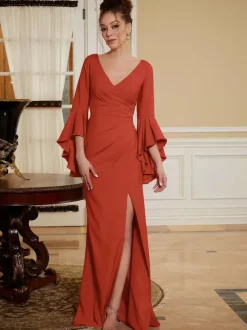 Party Dress For Mother Of The Bride V-Neck Bell Sleeves Split Front Floor-Length A-Line Wedding Guest Dresses