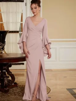 Party Dress For Mother Of The Bride V-Neck Bell Sleeves Split Front Floor-Length A-Line Wedding Guest Dresses