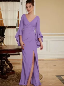 Party Dress For Mother Of The Bride V-Neck Bell Sleeves Split Front Floor-Length A-Line Wedding Guest Dresses