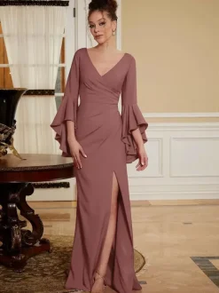 Party Dress For Mother Of The Bride V-Neck Bell Sleeves Split Front Floor-Length A-Line Wedding Guest Dresses
