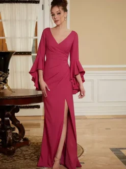 Party Dress For Mother Of The Bride V-Neck Bell Sleeves Split Front Floor-Length A-Line Wedding Guest Dresses
