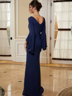 Party Dress For Mother Of The Bride V-Neck Bell Sleeves Split Front Floor-Length A-Line Wedding Guest Dresses