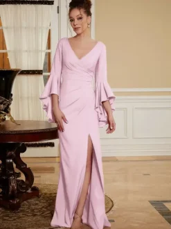 Party Dress For Mother Of The Bride V-Neck Bell Sleeves Split Front Floor-Length A-Line Wedding Guest Dresses