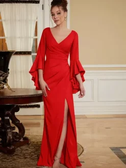 Party Dress For Mother Of The Bride V-Neck Bell Sleeves Split Front Floor-Length A-Line Wedding Guest Dresses