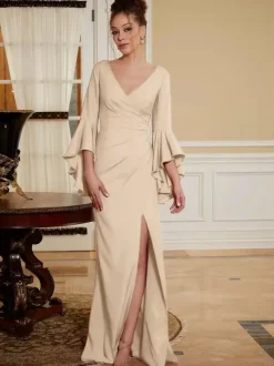 Party Dress For Mother Of The Bride V-Neck Bell Sleeves Split Front Floor-Length A-Line Wedding Guest Dresses