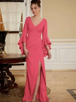 Party Dress For Mother Of The Bride V-Neck Bell Sleeves Split Front Floor-Length A-Line Wedding Guest Dresses