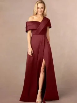 Party Dress For Mother Of The Bride One-Shoulder Short Sleeves A-Line Split Front Floor-Length Wedding Guest Dresses