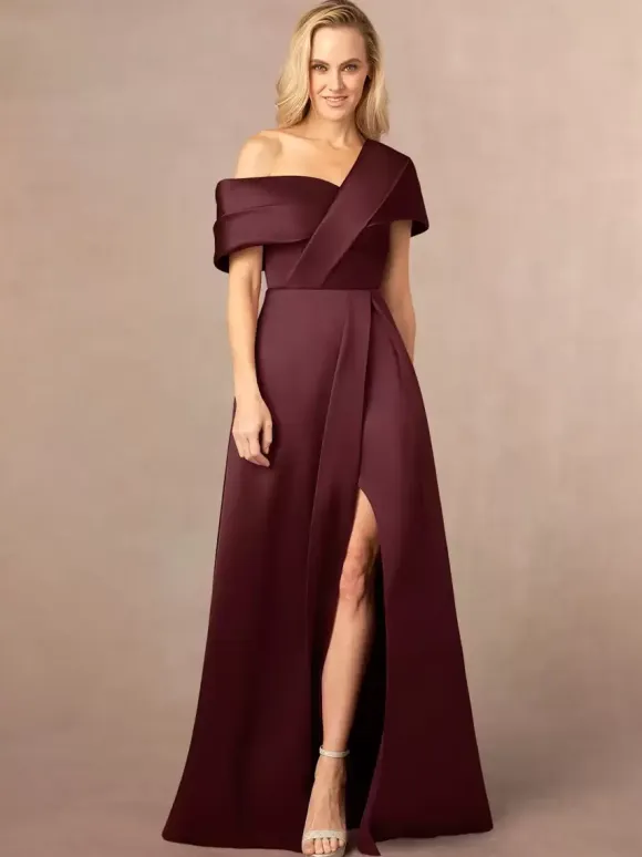 Party Dress For Mother Of The Bride One-Shoulder Short Sleeves A-Line Split Front Floor-Length Wedding Guest Dresses