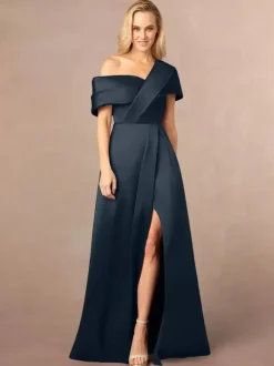 Party Dress For Mother Of The Bride One-Shoulder Short Sleeves A-Line Split Front Floor-Length Wedding Guest Dresses