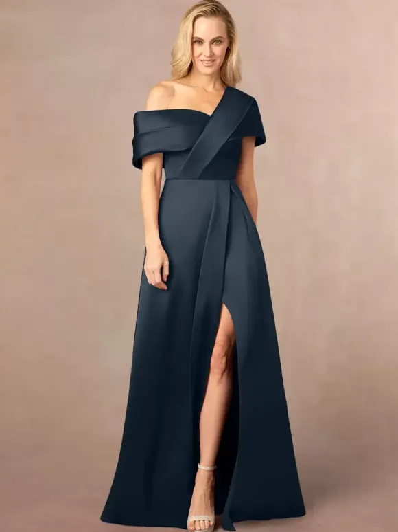 Party Dress For Mother Of The Bride One-Shoulder Short Sleeves A-Line Split Front Floor-Length Wedding Guest Dresses