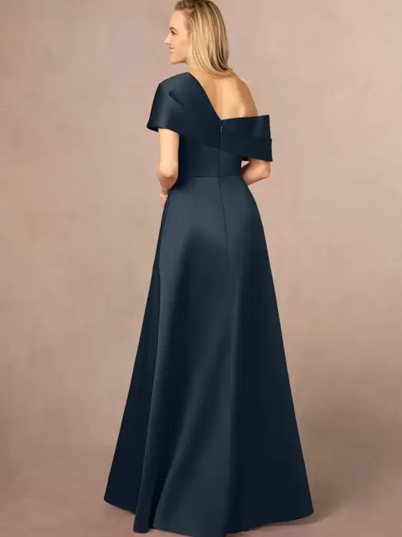 Party Dress For Mother Of The Bride One-Shoulder Short Sleeves A-Line Split Front Floor-Length Wedding Guest Dresses