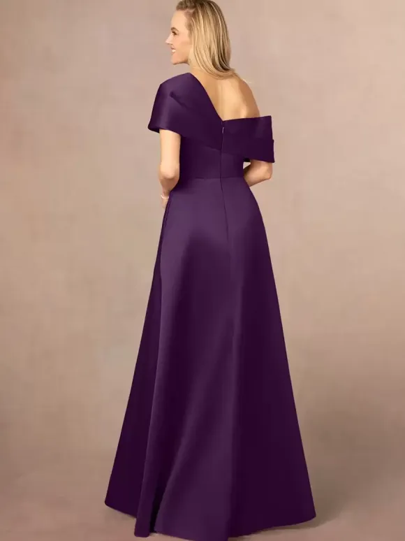 Party Dress For Mother Of The Bride One-Shoulder Short Sleeves A-Line Split Front Floor-Length Wedding Guest Dresses