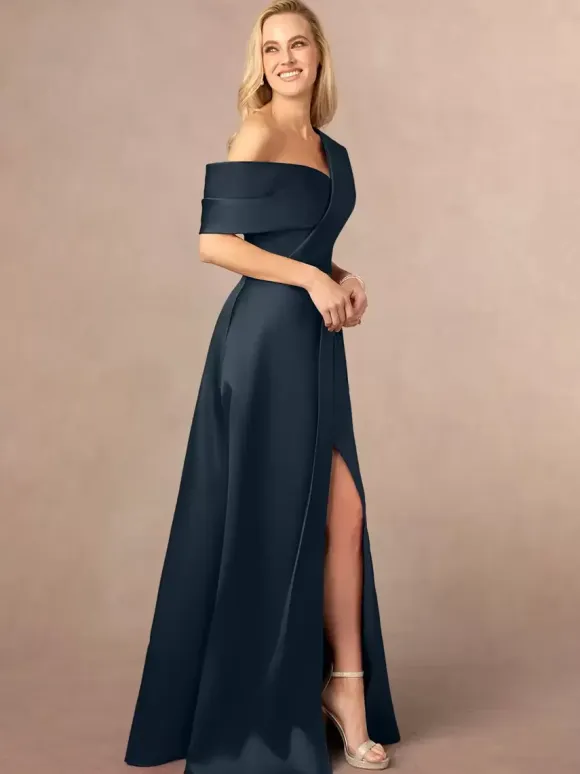 Party Dress For Mother Of The Bride One-Shoulder Short Sleeves A-Line Split Front Floor-Length Wedding Guest Dresses