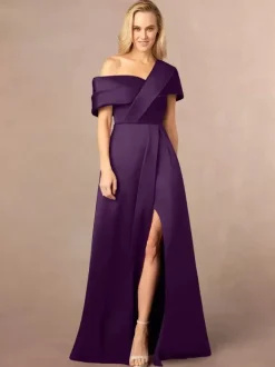 Party Dress For Mother Of The Bride One-Shoulder Short Sleeves A-Line Split Front Floor-Length Wedding Guest Dresses