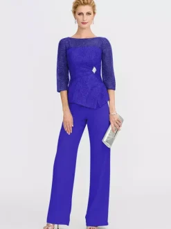 Party Dress For Mother Of The Bride Illusion Neckline 3/4 Length Sleeves Two-piece Lace Floor-Length Guest Dresses For Wedding