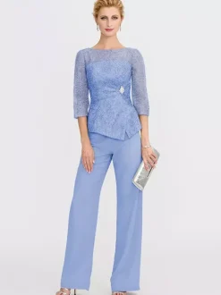 Party Dress For Mother Of The Bride Illusion Neckline 3/4 Length Sleeves Two-piece Lace Floor-Length Guest Dresses For Wedding