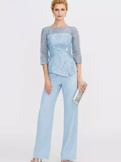 Party Dress For Mother Of The Bride Illusion Neckline 3/4 Length Sleeves Two-piece Lace Floor-Length Guest Dresses For Wedding