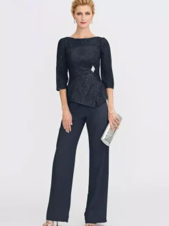 Party Dress For Mother Of The Bride Illusion Neckline 3/4 Length Sleeves Two-piece Lace Floor-Length Guest Dresses For Wedding