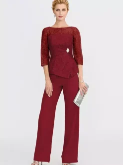 Party Dress For Mother Of The Bride Illusion Neckline 3/4 Length Sleeves Two-piece Lace Floor-Length Guest Dresses For Wedding