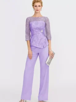 Party Dress For Mother Of The Bride Illusion Neckline 3/4 Length Sleeves Two-piece Lace Floor-Length Guest Dresses For Wedding